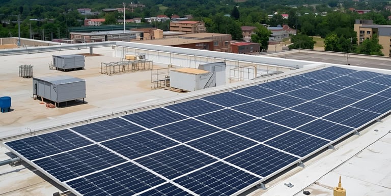 Commercial rooftop solar panel installation on warehouse – 200 kW system with backup generator 