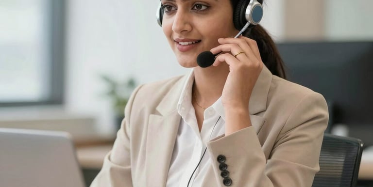 A focused female telecaller working comfortably from her cozy home office.