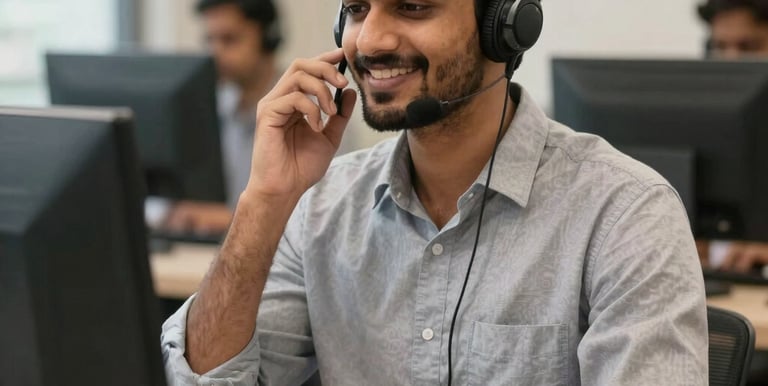 A male telecaller engaging with clients over the phone in a bright home workspace.
