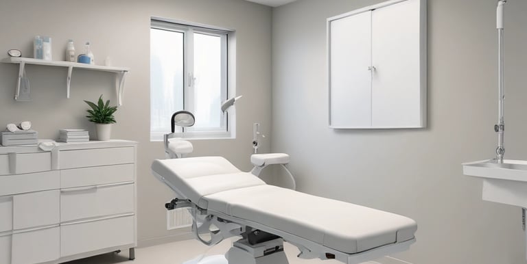 Close-up of crisp, white examination paper rolls stacked neatly on a clinic shelf.