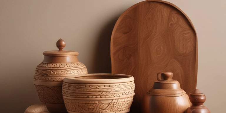 Handcrafted wooden bowls and carved jars on a rustic display board for home decor.