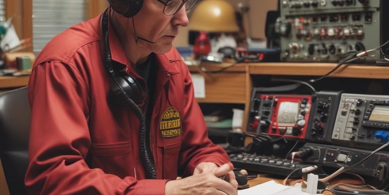Volunteers setting up ham radio equipment outdoors during a community event.