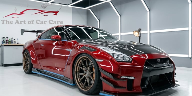Dettaglio professionale e tuning su una Nissan GTR rossa modificata all’interno del laboratorio TACC