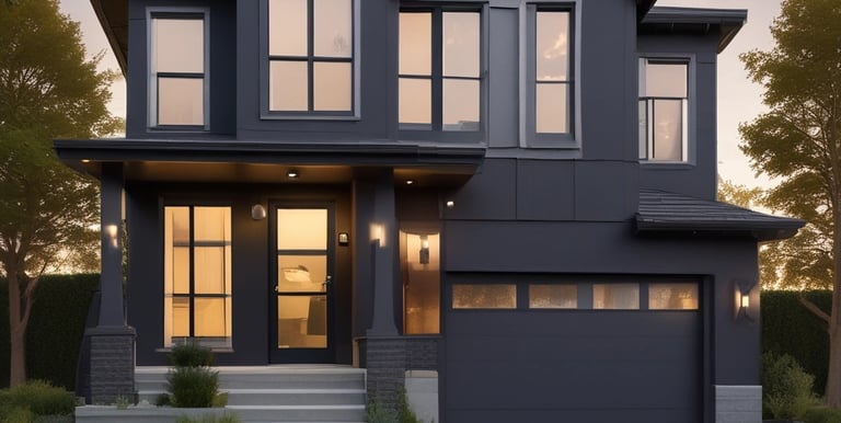A professional painter carefully applying navy blue paint to a modern home's exterior siding.