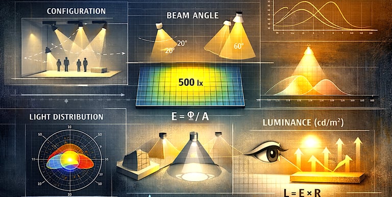 Technical infographic explaining light calculation, beam angles, luminance, and distribution for lighting design.