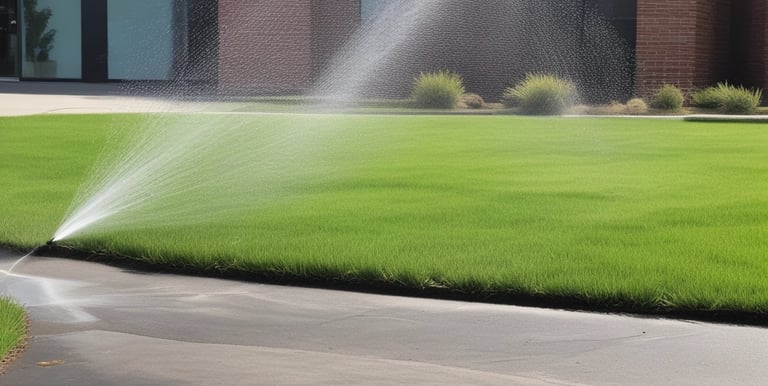 A team repairing irrigation systems on a commercial lawn under bright daylight.