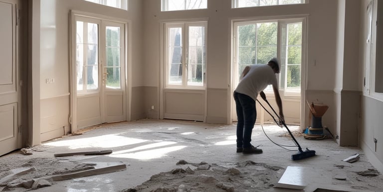 Professional cleaner tidying a modern office space with natural light.