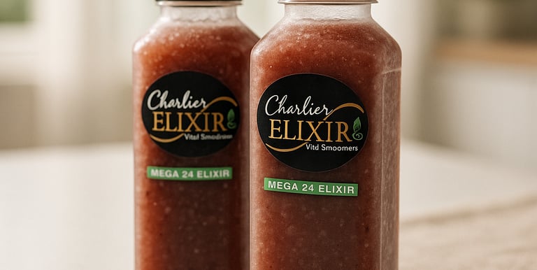 two bottles of detox drink on a counter