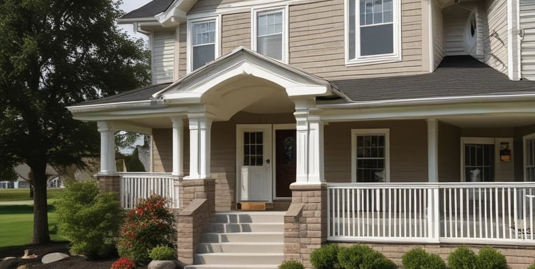 A well-maintained home exterior with a clear blue sky.