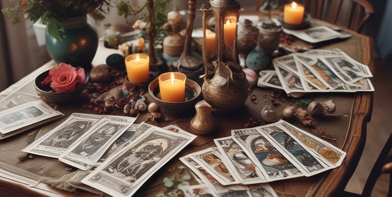 A clear quartz crystal stands upright on a circular, decorative mandala-patterned base. The background includes a soft fabric pouch with a geometric design and a round card with text, adding to the aesthetic appeal.