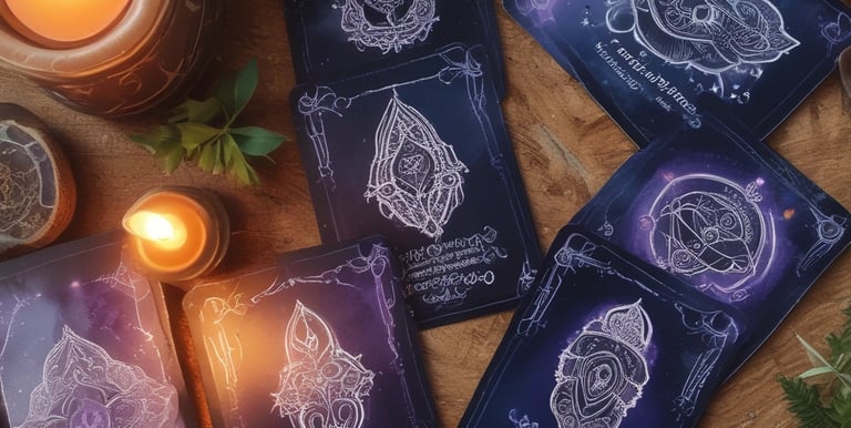 A clear quartz crystal stands upright on a circular, decorative mandala-patterned base. The background includes a soft fabric pouch with a geometric design and a round card with text, adding to the aesthetic appeal.