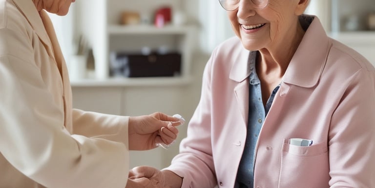 A caregiver assisting an elderly person with a warm smile in a home setting.