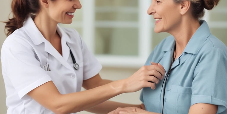 A caregiver assisting an elderly person with a warm smile in a home setting.