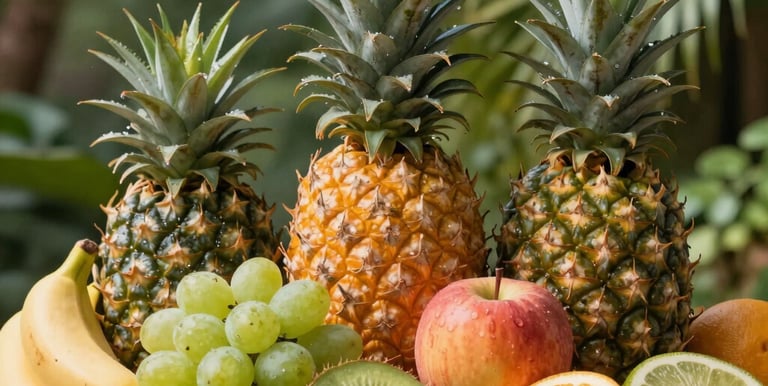 Close-up of vibrant cold-pressed juice bottles with tropical fruits around them.