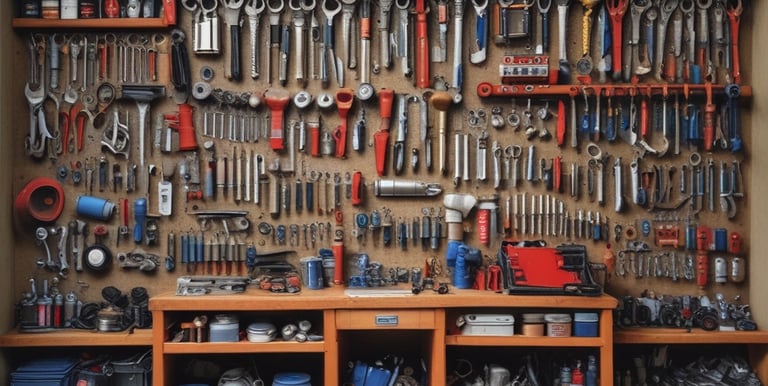 A variety of car parts and tools neatly organized in a garage.