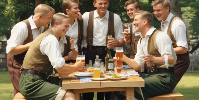 A community gathering with people enjoying German food and drinks.