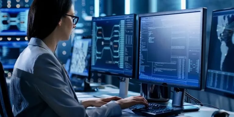 a woman in a white shirt and glasses is sitting at a desk with a computer