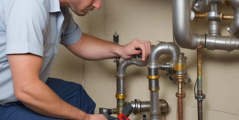 A small automotive repair shop with a distinctive red and white facade, located on a quiet street. The building is one story with large glass windows and a sign displaying the name of the business. A black car is parked in front of one of the garage doors. Tree-lined streets with houses are visible in the background, bathed in the soft light of late afternoon.