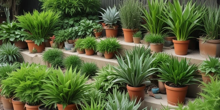 A collection of gardening tools rests in a small ceramic pot beside a larger plant pot filled with soil and green stems. A plastic container with soil is placed nearby. The scene suggests an indoor gardening setup with a focus on planting or potting activities.