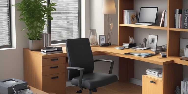 an office desk with a executive high-back chair  and corner bookcase behind it. 