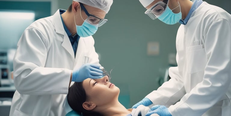 A dentist and a patient are in a dental office. The dentist, wearing scrubs, is pointing at a laptop on a mobile dental unit. The patient, seated in the dental chair, is looking at the screen with a smile. The room contains dental equipment and art featuring teeth on the wall.
