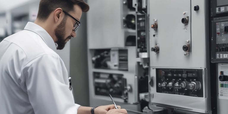 A professional engineer inspecting machinery in a workshop.