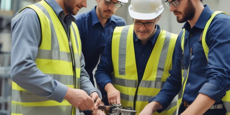 A team of engineers discussing project plans at a construction site.