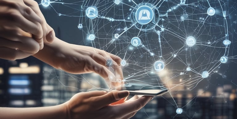 A person holds a smartphone that displays a website in French offering a simple and effective solution for managing social networks. The smartphone screen shows vibrant colors including purple and red text, and the background features green leaves.