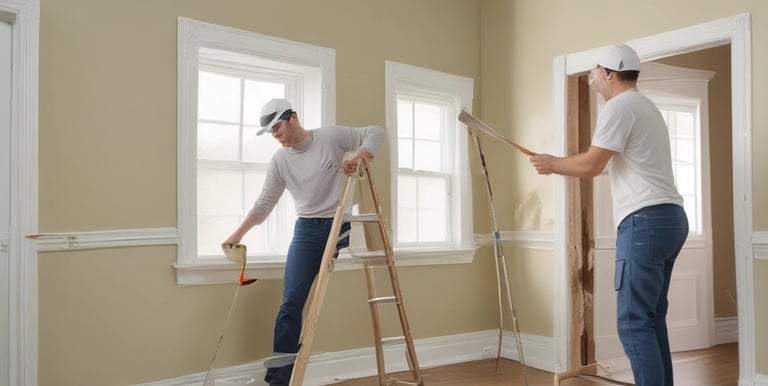 A handyman assembling a modern kitchen cabinet with precision and care in a bright room.