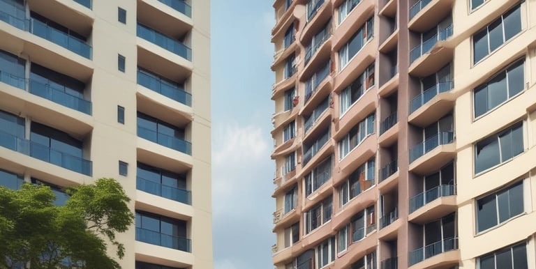A cityscape with a real estate sign in the foreground, prominently displaying the name and phone number. Surrounding the sign are various buildings with different architectural styles, some with scaffolding and green netting. The scene features a mix of older, worn structures alongside modern glass-fronted buildings. Power lines and construction materials add to the urban complexity.