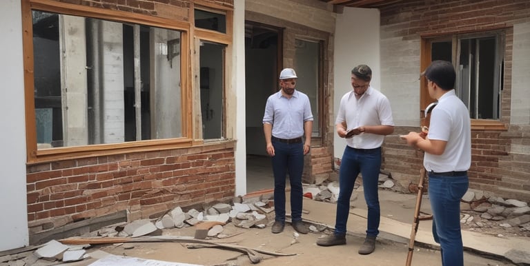 A partially constructed or renovated interior space featuring exposed brick walls and wooden ceilings. A white door is visible in the background next to a red painted wall. A plastic sheet covers furniture on the right side, and there are construction materials scattered across the floor.