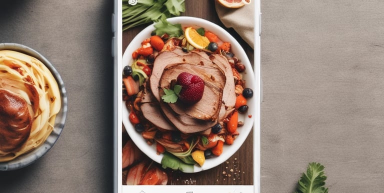 Large white letters spelling 'FOOD' are prominently displayed atop a building against a clear blue sky. The building facade features multiple rectangular windows with a modern design.