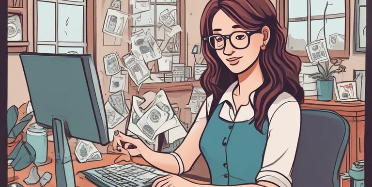 A person is typing on a silver laptop with a screen displaying text about designing digital solutions for big customers. Nearby, there is a black smartphone and white earphones placed on the desk. The person's sleeves are light blue, suggesting a casual attire.