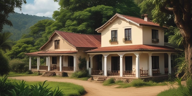A rustic stone house with a tiled roof is set amidst a green garden. The architecture features wooden beams and weathered stone walls, surrounded by lush trees and grass. A wooden barrel and small shrubs accentuate the peaceful, natural environment.