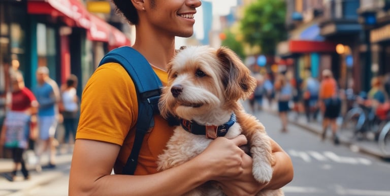 A person carrying a dog on their back, walking alongside a wall with dark stone patterns. There is visible graffiti and a sign on the wall indicating photocopying services and form-filling.