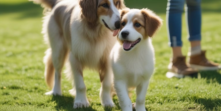 two dogs standing in the grass with their owners
