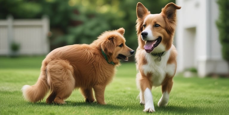 two dogs are playing in the grass in the yard