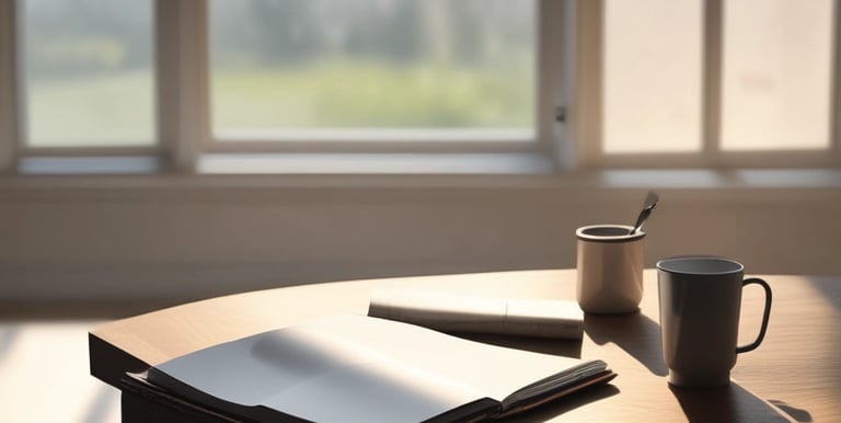 A serene workspace with an open notebook and a cup of tea, symbolizing thoughtful planning.