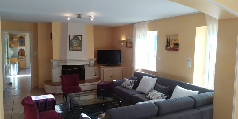 Salon avec canapé et télé