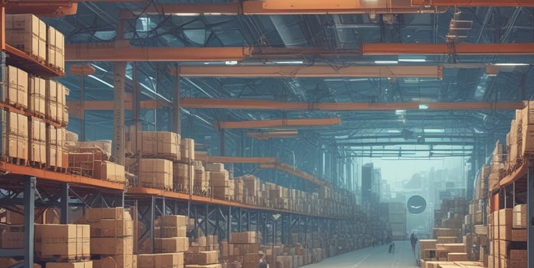 Inside a spacious industrial warehouse, a dumpster filled with discarded metal objects like chairs and other scrap is visible in the foreground. A large industrial loader is parked further inside near a pile of miscellaneous debris, including cardboard and plastic. The area is well-lit with overhead windows in the high ceiling and a poster of a landscape is mounted on the wall.