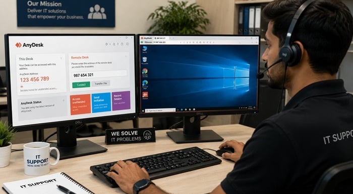 An IT support professional uses AnyDesk remote desktop software on dual monitors to provide technical assistance.