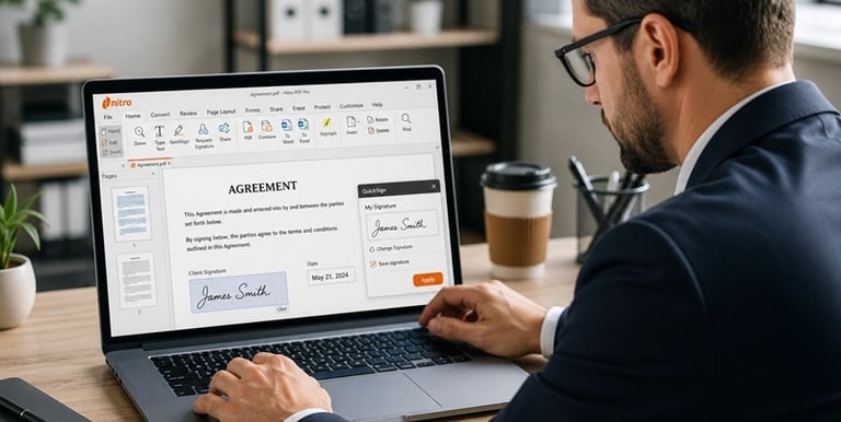 A businessman using Nitro PDF Pro software on a laptop to electronically sign a digital agreement document.