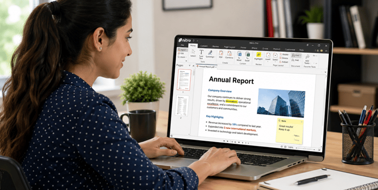 A professional woman uses Nitro PDF Pro software on a laptop to edit a corporate annual report.