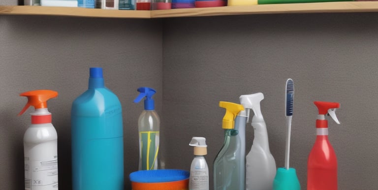 A person wearing a blue uniform and gloves is pushing a cleaning cart adorned with multiple small Union Jack flags. The environment appears to be a busy place, possibly a station or airport, with people in the background walking or standing.