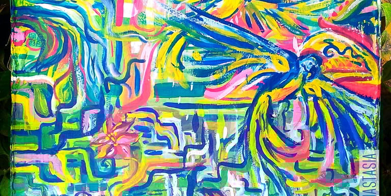 peinture aux couleurs vives entre abstrait et concret, avec fleurs cascade et perroquets