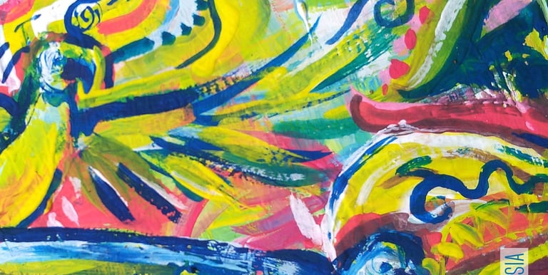 peinture aux couleurs vives entre abstrait et concret, avec fleurs cascade et perroquets