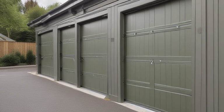 A storage area with wooden shelves filled with large containers, boxes, and miscellaneous items. The shelves are arranged vertically and extend up to the corrugated metal roof. A wooden ladder leans against the shelves, providing access to higher levels. There is natural light coming in through a translucent panel in the roof.