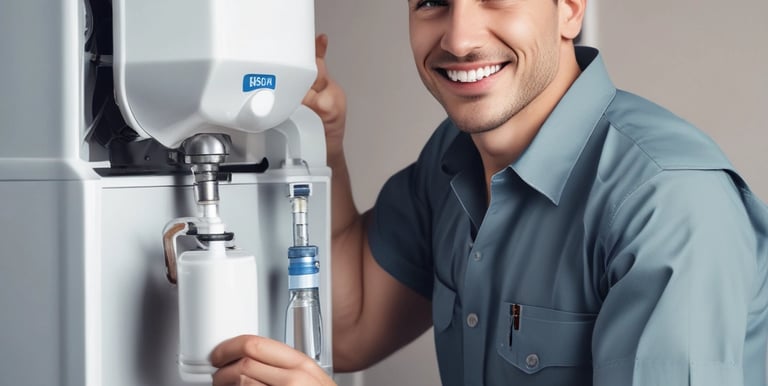 A sleek, modern laboratory water purification system is placed on a stainless steel countertop. The device is predominantly white with a digital control display at the top, featuring the brand logos 'Rephile' and 'Genie'. Surrounding the unit are various laboratory fixtures, including pipes, a pressure gauge, and a clipboard with documentation. A plug with cords is connected on the side, alongside a small transparent container.