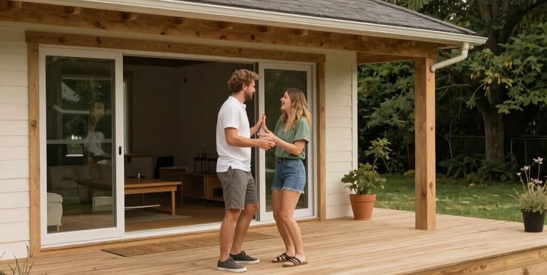 A happy homeowner reviewing financing options with a friendly advisor in a cozy office.