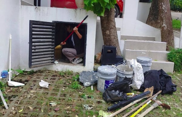 A worker cleaning a small outdoor storage unit with a broom near gardening tools and buckets.